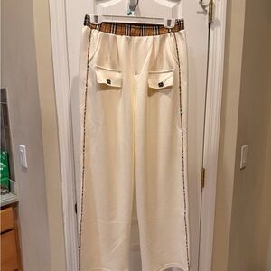 Cream Wide-Leg Pants with Plaid Trim